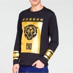 Burando Eno Shirt Unisex Size XS Black Rare Long Sleeve Gold‎ Metallic Tiger Top